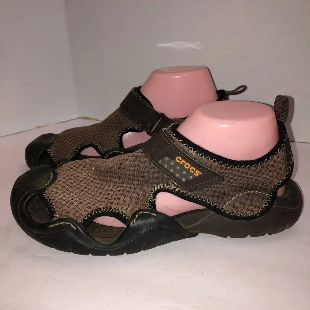 Crocs Mens Size 10 Brown Black Swiftwater Fisherman Mesh Deck Sandals Shoes